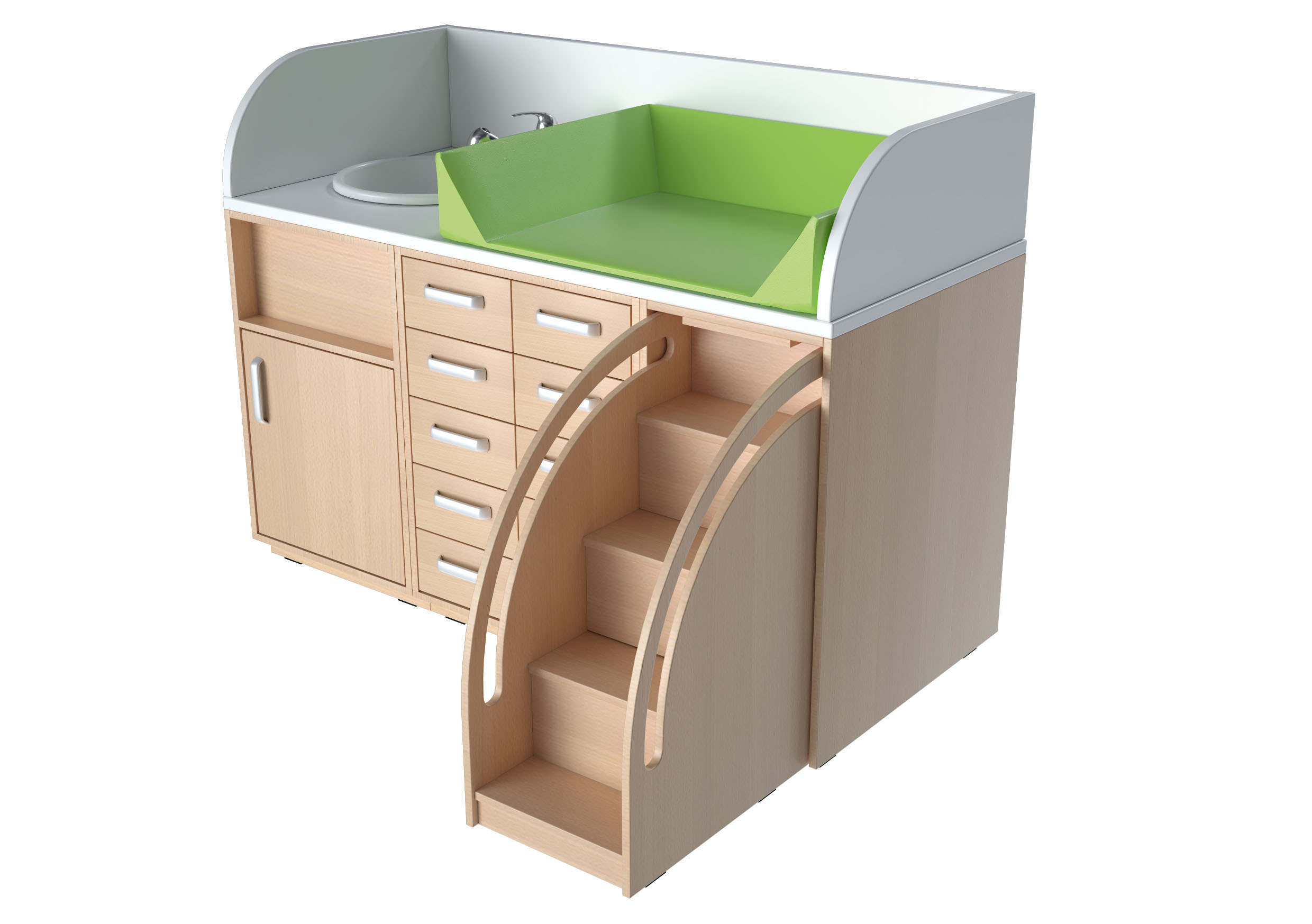 Set fasciatoio dx lavabo progettato per il cambio e la cura del bambino è progettato per offrire massima funzionalità anche in spazi ridotti.