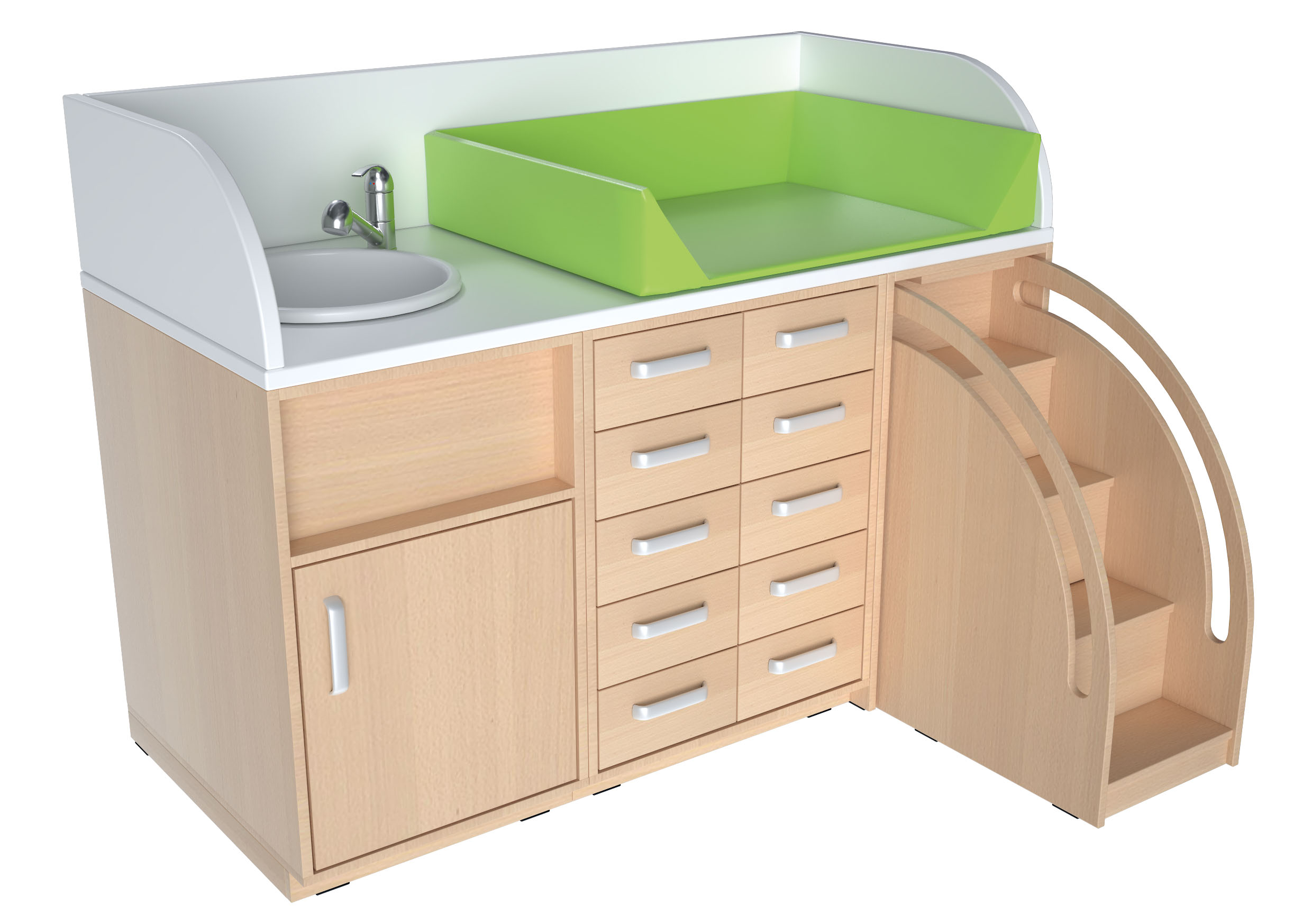 Set fasciatoio dx lavabo progettato per il cambio e la cura del bambino è progettato per offrire massima funzionalità anche in spazi ridotti.