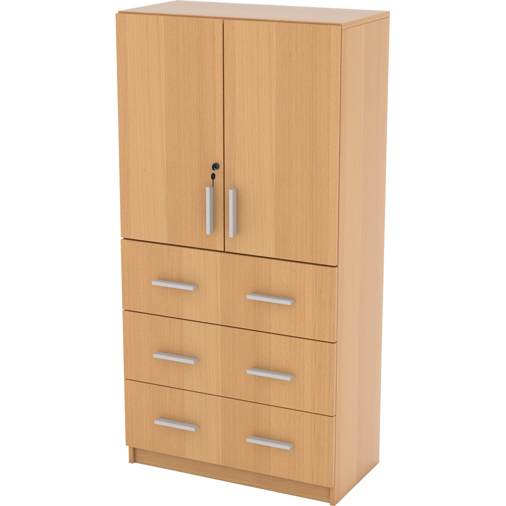 Il mobile ufficio con ante e cassetti è realizzato in resistente conglomerato ligneo nobilitato laminato con spessore di 18 mm, ideale per arredare con stile e funzionalità.