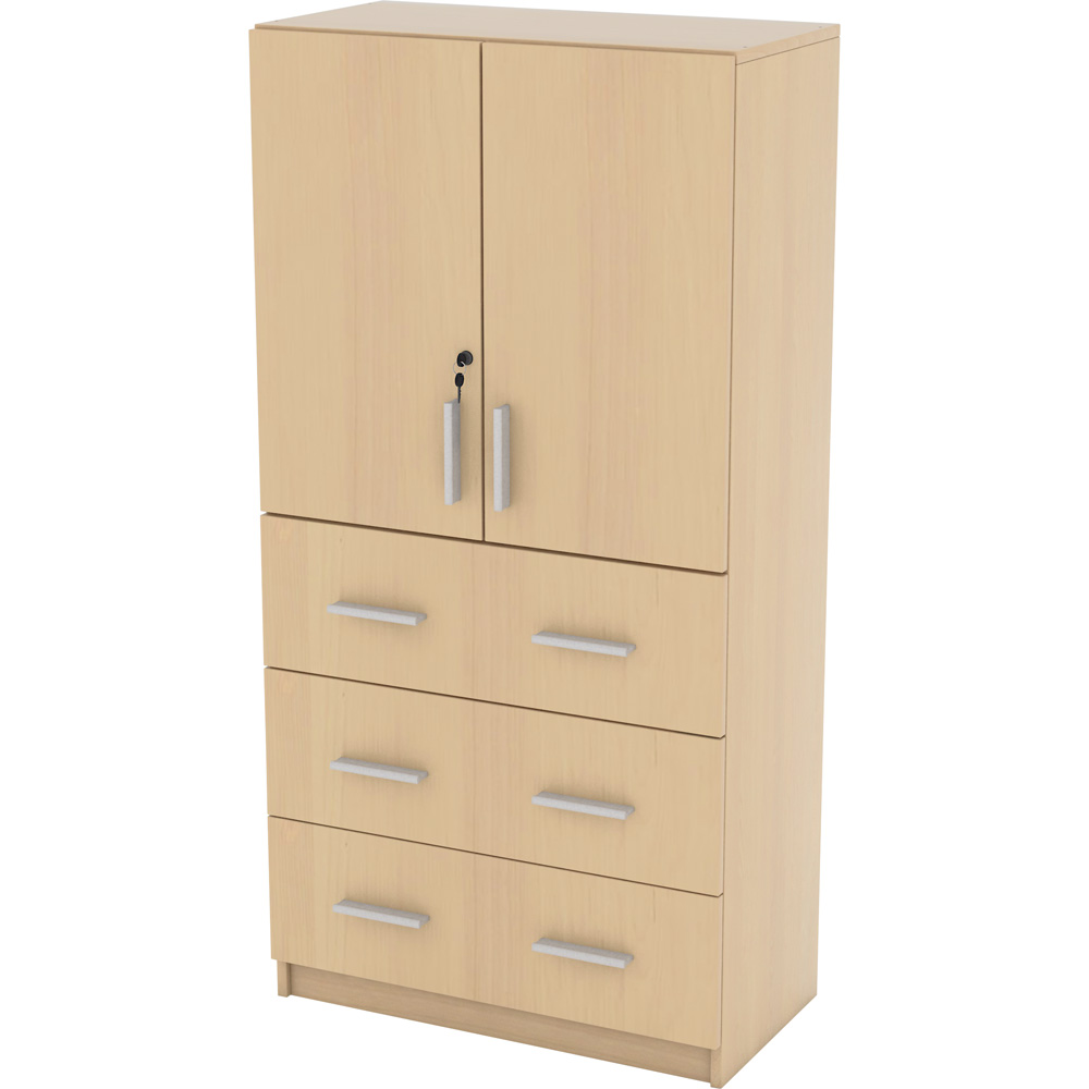 Il mobile ufficio con ante e cassetti è realizzato in resistente conglomerato ligneo nobilitato laminato con spessore di 18 mm, ideale per arredare con stile e funzionalità.